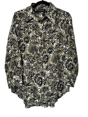 Piazza Sempione Silk Blouse Button Front Floral Olive Green Made in Italy Size L